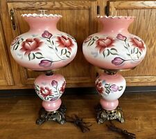 Pair Of 2 Vintage Pink Hand Painted Floral Electric Hurricane Lamps picture