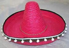 LARGE TALL MEXICAN PINK STRAW SOMBRERO HAT WITH HANGING TASSELS mexico wide cap picture