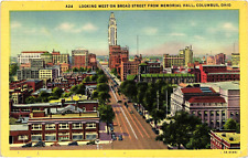 Antique Linen Postcard Broad Street from Memorial Hall Columbus Ohio picture