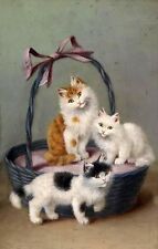 Art Oil painting nice animals three cat kitten playing with basket in room picture