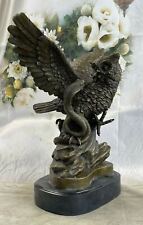 Handcrafted Detailed Snake Fighting Owl Bronze Sculpture Marble Base Figurine NR picture