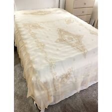 Antique French Lace Net Embroidered Scroll Bed Coverlet Bedspread Country Chic picture