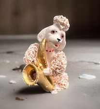 VTG Pink Spaghetti Poodle Figurine Playing Saxaphone Dog Puppy Japan Rare 1950's picture