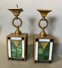 Pair of Vintage Mission Arts & Crafts Style Leaded Glass Hanging Lamps Lights picture