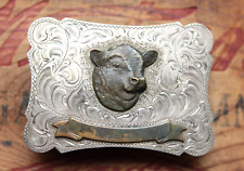 Vtg Diablo Sterling Silver Cowboy Cowgirl Bull Head Handmade Western Belt Buckle picture