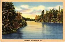 Greetings Goshen Indiana River Scenic Linen 1c Green Washington Stamp Postcard picture