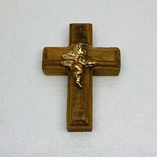 Vintage 1960s Wooden Cross Praying Icon Gold Baby Cherub Angel 4” Art Decor 27 picture