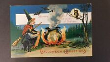 Unposted Witch, Black Cat, Broom, Bats and Bubbling Cauldron Halloween Postcard picture