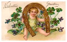 Raphael Tuck Valentine 1908 Embossed Horseshoe 4 Leaf Clovers Post Card - V-28 picture