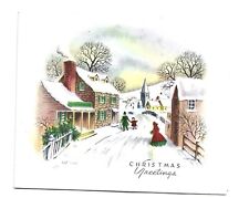 Vtg Christmas Card Victorian SNOWY St. Scene People Homes Village ARTIST SIGNED picture