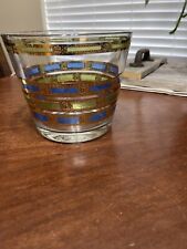 Vintage Culver EMPRESS 22 KT GOLD BLUE GREEN Glass Ice Bucket 4.75” H As Is MCM picture