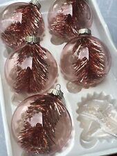 Vintage Retro Enchanted Forest 5 Christmas Glass Ornaments PINK Glass W TINSEL picture
