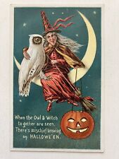 c.1911 Witch & Owl Sitting on Crescent Moon & Jack O' Lantern Halloween postcard picture