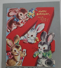 Mid Century Vtg 4th BIRTHDAY CARD w 4 BUNNIES Have PARTY 1953 Orig 5 Cent CARD picture