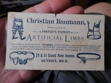 RARE VICTORIAN MEDICAL TRADE CARD, FOSTER'S PATENT ARTIFICIAL LIMBS, DETROIT, MI picture