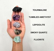 Crystal Set for Empaths, Tourmaline Amethyst Lepidolite Smoky Quartz Fluorite picture