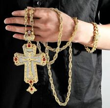Jesus Crucifix Jeweled Orthodox Pectoral Cross 18k Gold Plated Clergy Bishop 50