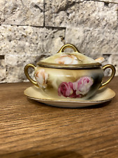 Vintage RS Germany Mustard Pot and Spoon Pink Rose & Heavy Gold Rim Green Mark picture