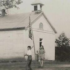 Vintage Snapshot Photo Baseball Antique School House American Flag 1940s picture