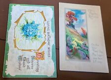 2 Antique Birthday Greetings Postcards -Forget me Nots and Scenic 1917 postmark picture