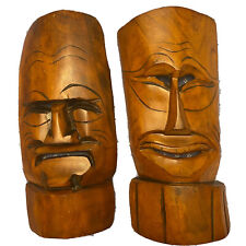 Pair of Tiki-Moai Mask Hand Carved Wood 18