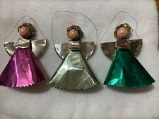 Vintage 1960s Aluminum Foil Wood Faced Angel Christmas  Ornaments 3 picture