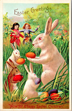 Easter Greetings Bunnies Children Garden Scenic Pastel Eggs P.U. 1911 (Z389) picture