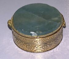 SMALL JADE TOP ETCHED GOLD COLORED TRINKET BOX MADE OF METAL picture