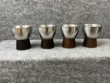 SET OF 4 MCM STAINLESS STEEL EGG CUPS FOOTED WITH TEAK WOOD BASE MADE IN DENMARK picture