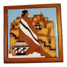 1990 Earthtones Native American Southwestern Terracotta Tile Trivet Signed TUOTI picture