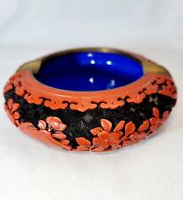 VINTAGE CHINESE RED & BLACK LAQUER FLORAL CINNABAR BRASS ASHTRAY picture