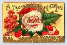Postcard Santa Claus Christmas Holly Heavy Embossing 1910s Unposted Divided Back picture