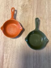 2 Vintage 4” Mini Cast Iron Enamel Skillets Spoon Rests Green Orange picture