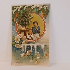 VINTAGE Praying Children Christmas Daisys Pinecones VINTAGE EMBOSSED POSTCARD  picture