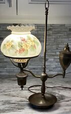 Antique 1869 Style Student Lamp W/Hand Painted Glass Shade Electric.  22” High picture