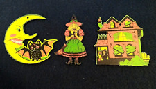 *Halloween*Vintage Style Set Of 3 Wooden Ornaments: Moon, Witch, Haunted House picture
