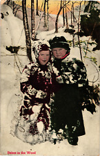 1910 BABES IN THE WOOD Childen Winter Snow Landscape Antique Greeting Postcard picture