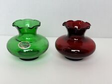 2 Vintage Anchor Hocking Small Ruffled Edge Vases Ruby Red Emerald Green 3.5