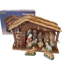 Vintage SEARS Nativity Scene Christmas Set Wooden Stable with 11 Figures in Box picture