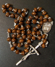 Vintage Dark Oak Colored Wooden Beads Rosary From Italy, Stamped (MV) with case picture