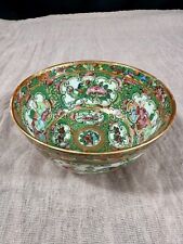 Antique Chinese Rose Medallion Bowl Birds Flowers Porcelain Green Gold Pink  5