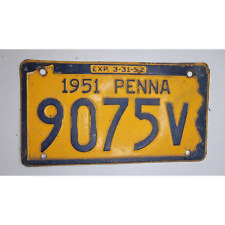 Collectable real metal license plate 1951 Pennsylvania 9075V picture