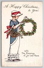 Christmas Margaret Evans Price Woman with Wreath and Mistletoe Postcard U26 picture