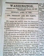 JOHN C. FREMONT Fourth 4th Fatal Western Expedition Colorado Snow 1849 Newspaper picture