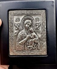 Vintage 950 Silver Clad Wood Greek Icon Black Frame Handmade Greece Mary & Child picture