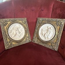 2 Antique Framed bisque putti/cherub Neoclassical wall plaque Gold Gilded Frame picture