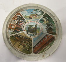 Vintage Round Metal Tray Pennsylvania Dutch Country Barn, School, Amish Horse picture
