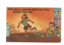 Vintage Comedy Postcard  GIRL SKATING BOYS FALL HARD FOR ME LINEN   POSTED STAMP picture