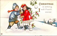 Antique Christmas Postcard Cute Girl Boy Snowball Fight Margaret Evans Price 417 picture