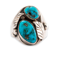 LARGE NATIVE AMERICAN STERLING SILVER PYRITE TURQUOISE TWO STONE LEAF RING 11.5 picture